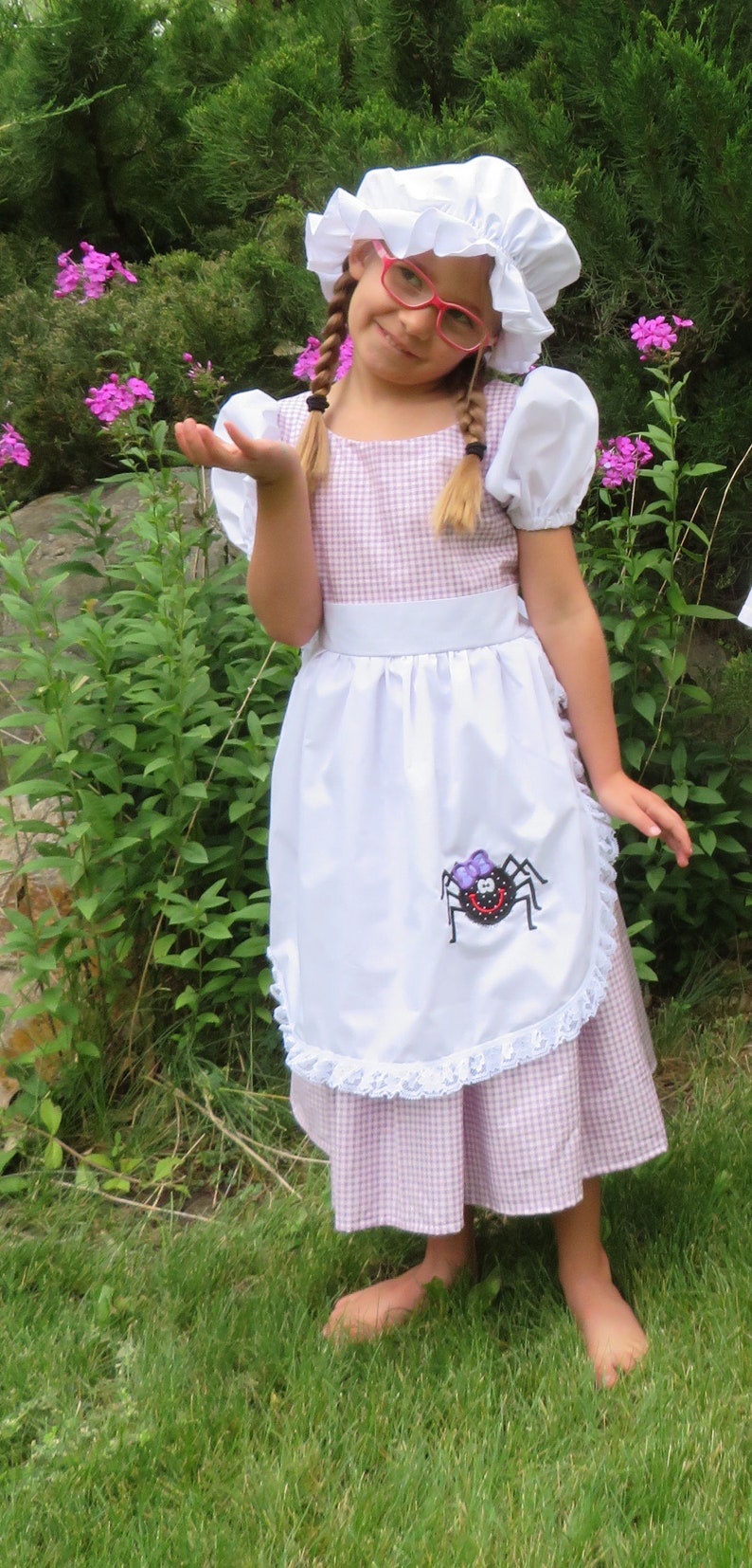 Little Miss Muffett dress and mop cap, Girls costume NEW Fairy tale, nursery rhyme, curds & whey, gingham check, purple, spider, story book, image 3