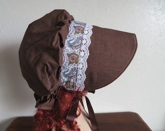 Ladies Pioneer Trek Bonnet, Wagon Train Reenactment, Prairie, Victorian, Civil War, Blue Paisley and Brown Sunbonnet, historical, hat, NEW