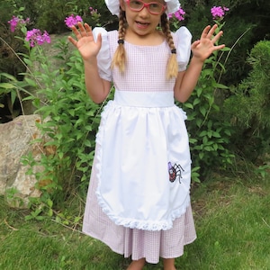 Little Miss Muffett dress and mop cap, Girls costume NEW Fairy tale, nursery rhyme, curds & whey, gingham check, purple, spider, story book, image 4