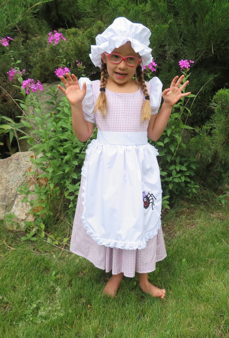 Little Miss Muffett dress and mop cap, Girls costume NEW Fairy tale, nursery rhyme, curds & whey, gingham check, purple, spider, story book, image 4