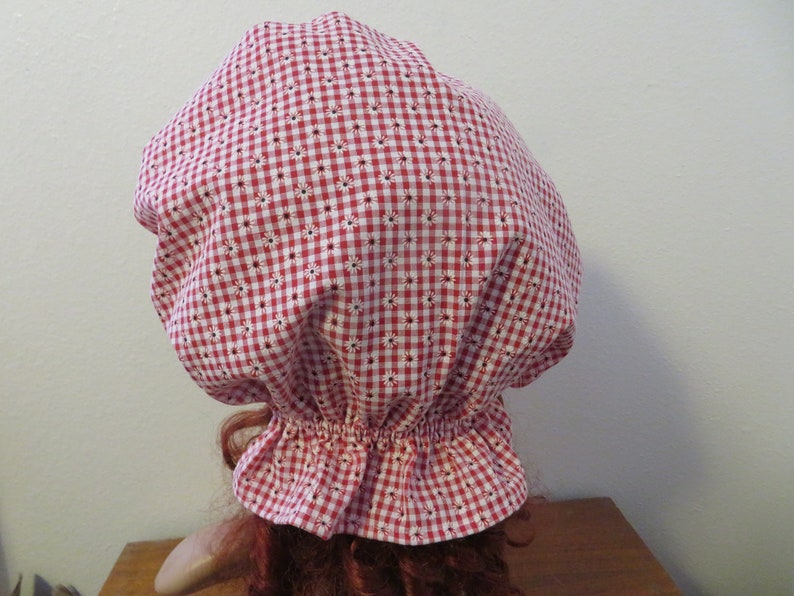 Ladies Pioneer Trek Prairie Victorian Civil War Bonnet Sunbonnet Primitive historical hat, reenactment lace trimmed red floral gingham check image 4