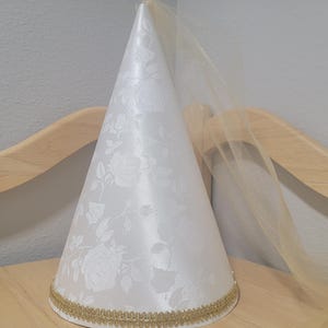 Cream and gold Satin brocade Princess Medieval Cone Hat, renaissance, henin, headwear, accessory, girls, adults, Off-white, Ivory, pearl,