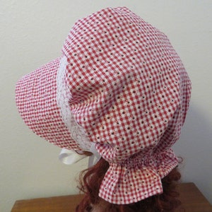 Ladies Pioneer Trek Prairie Victorian Civil War Bonnet Sunbonnet Primitive historical hat, reenactment lace trimmed red floral gingham check image 3