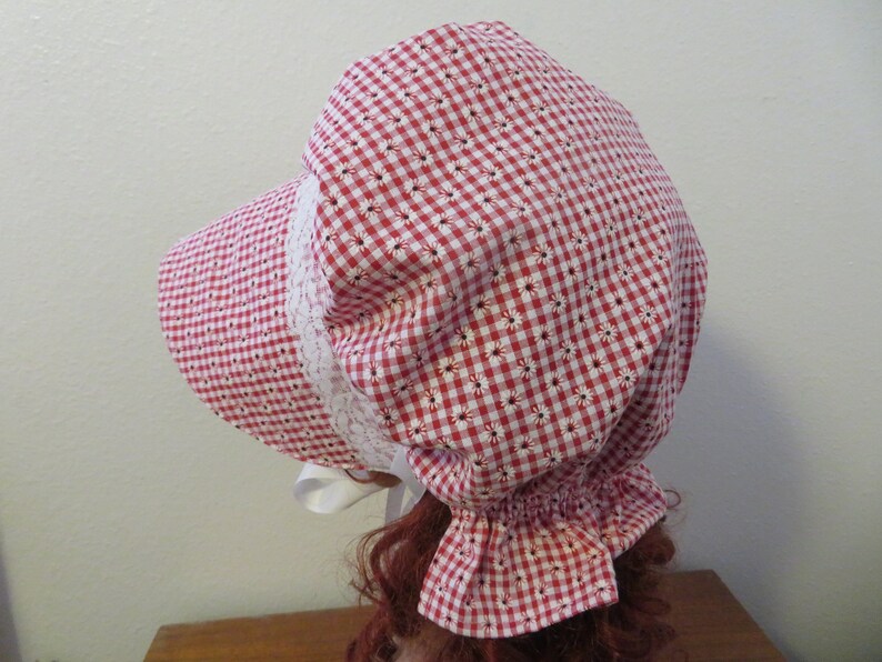 Ladies Pioneer Trek Prairie Victorian Civil War Bonnet Sunbonnet Primitive historical hat, reenactment lace trimmed red floral gingham check image 3