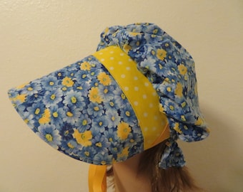 Girls Pioneer Sunbonnet, Prairie, Victorian, Civil War Bonnet, Primitive, Blue and yellow floral, polka dots, poke bonnet, cute hat, new