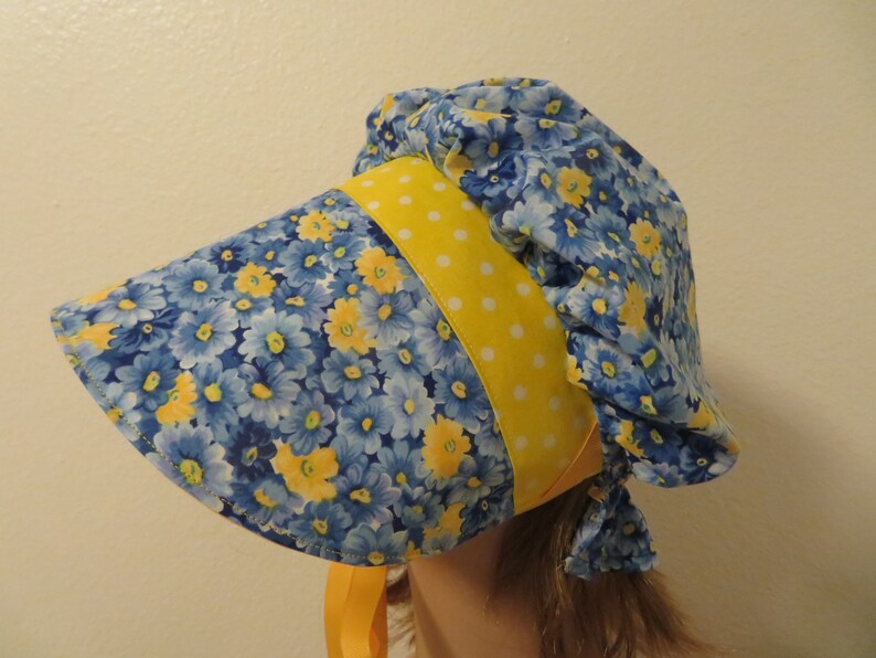 Ladie or teens Pioneer Sunbonnet, Prairie, Victorian, Civil War Bonnet, Primitive, Blue and yellow floral, polka dots, poke bonnet, new image 1