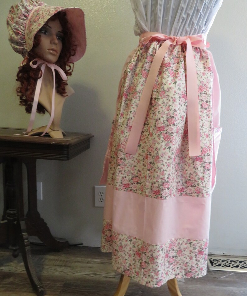 Pioneer Trek 3 piece Set, embroidered apron, bonnet, skirt, Wagon Train reeneactment, Prairie Clothes, Pioneer Clothing, Vintage Pink Roses image 6