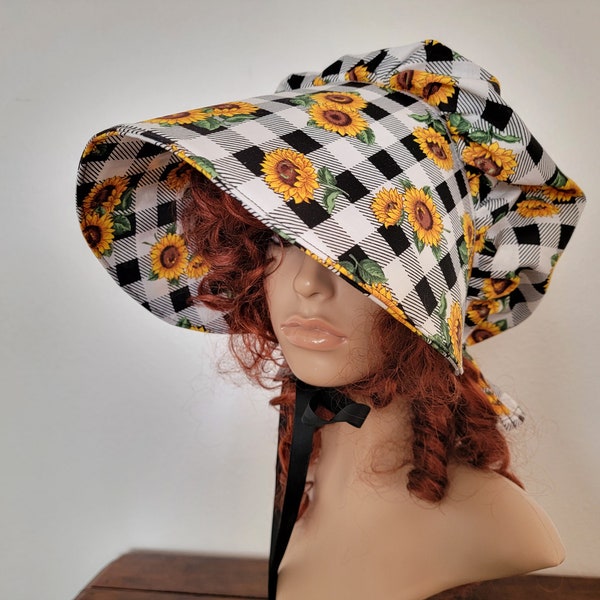 Ladies Teens Pioneer Trek, Prairie, Victorian, Civil War Bonnet, Sunbonnet, Primitive, historical, reenactment, Buffalo Check and Sunflowers