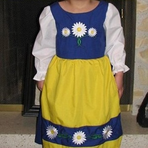 Cute Swedish National Girls Costume Scandinavian Sweden International Folk Costume Dress, blue, yellow daisies, dress-up, traditional, new image 2