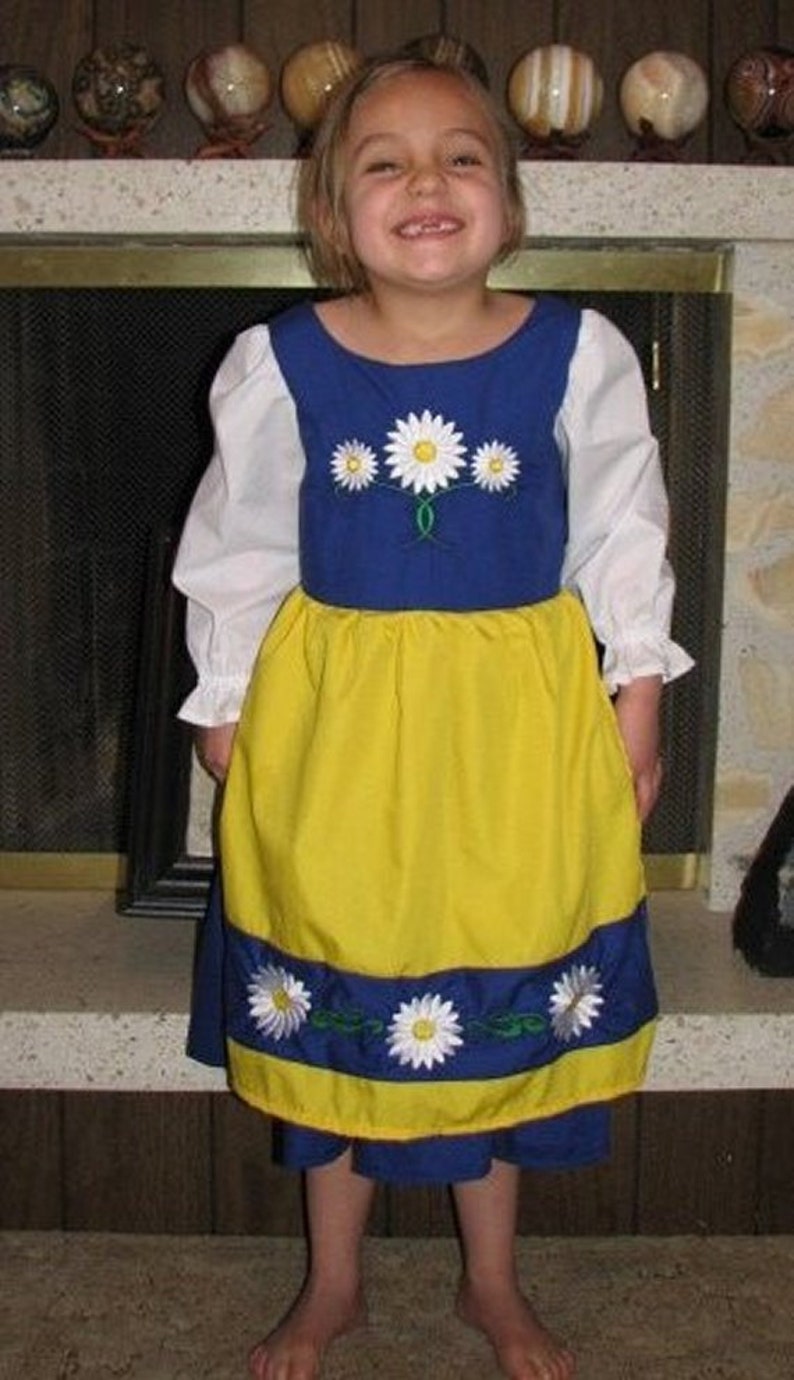 Cute Swedish National Girls Costume Scandinavian Sweden International Folk Costume Dress, blue, yellow daisies, dress-up, traditional, new image 2