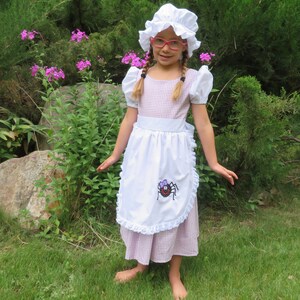 Little Miss Muffett dress and mop cap, Girls costume NEW Fairy tale, nursery rhyme, curds & whey, gingham check, purple, spider, story book, image 8