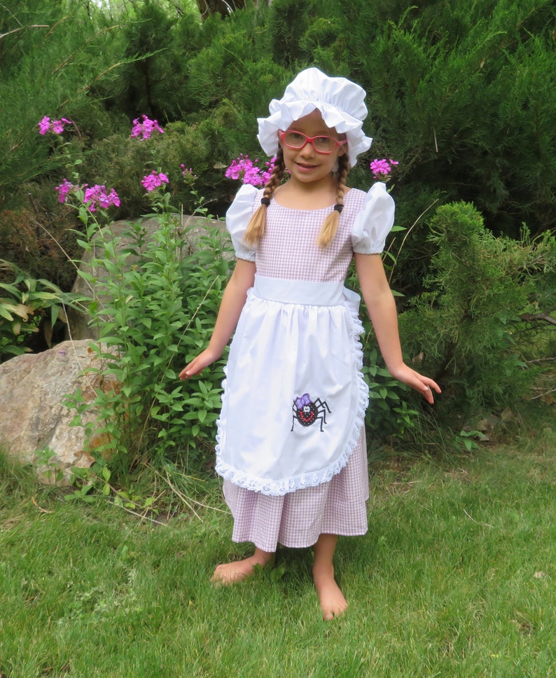 Little Miss Muffett dress and mop cap, Girls costume NEW Fairy tale, nursery rhyme, curds & whey, gingham check, purple, spider, story book, image 8