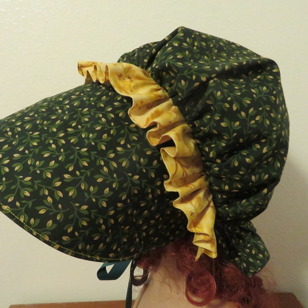 Cute Ladies Pioneer Trek, Prairie, Victorian, Civil War, Ruffled Bonnet, Sunbonnet, Primitive, historical, reenactment,  1800's, green gold