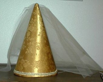 Gold Satin Brocade Deluxe Princess Medieval Cone Hat, renaissance henin, headwear, cap, crown, accessory, new, Hennin, Girls, adults