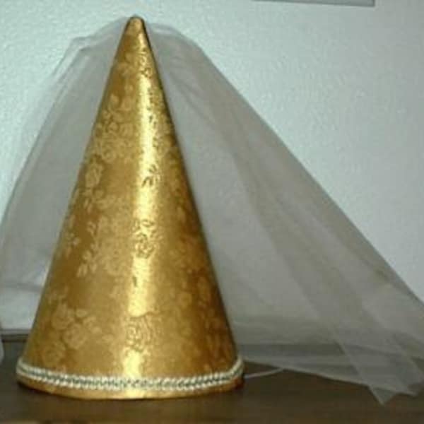 Gold Satin Brocade Deluxe Princess Medieval Cone Hat, renaissance henin, headwear, cap, crown, accessory, new, Hennin, Girls, adults