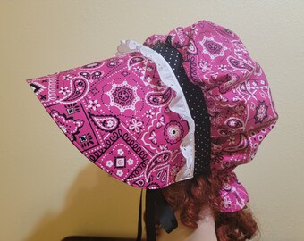 Ladies Pioneer Trek Bonnet, Wagon Train Reenactment, Prairie, Victorian, Civil War, Bonnet, Sunbonnet, Primitive, historical, Pink Bandana