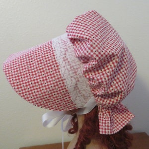 Ladies Pioneer Trek Prairie Victorian Civil War Bonnet Sunbonnet Primitive historical hat, reenactment lace trimmed red floral gingham check image 2