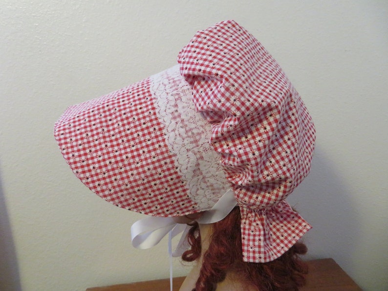 Ladies Pioneer Trek Prairie Victorian Civil War Bonnet Sunbonnet Primitive historical hat, reenactment lace trimmed red floral gingham check image 2