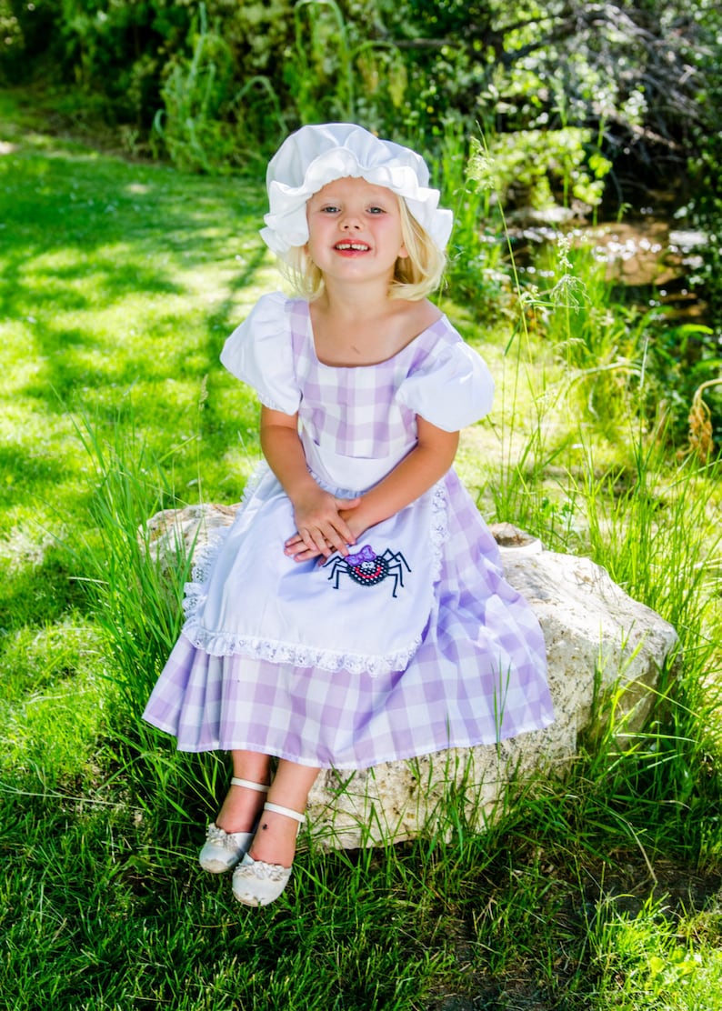 Little Miss Muffett dress and mop cap, Girls costume NEW Fairy tale, nursery rhyme, curds & whey, gingham check, purple, spider, story book, image 10