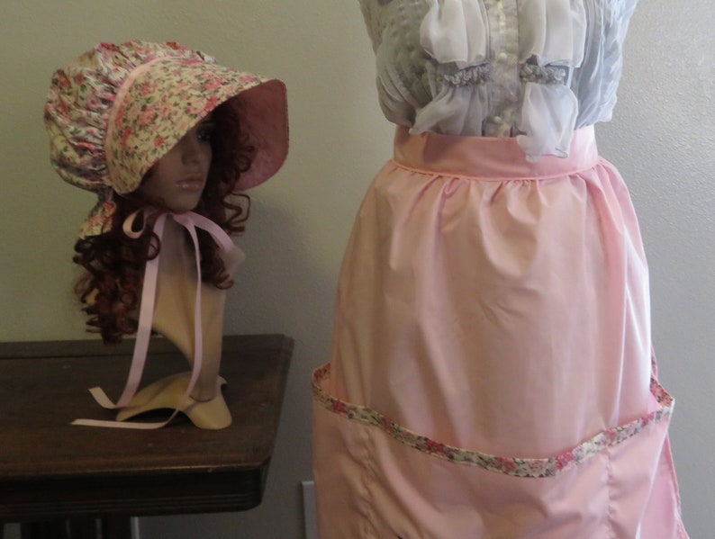 Pioneer Trek 3 piece Set, embroidered apron, bonnet, skirt, Wagon Train reeneactment, Prairie Clothes, Pioneer Clothing, Vintage Pink Roses image 2