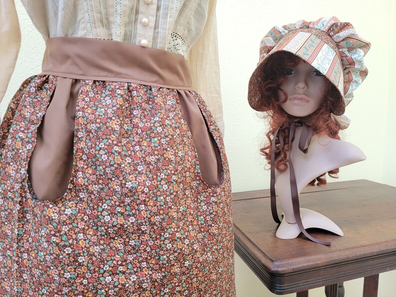 Women's / Teens 3 piece pioneer set, apron, skirt, bonnet, prairie outfit, pioneer trek clothing, wagon train reenactment, 1800's, Browns image 8