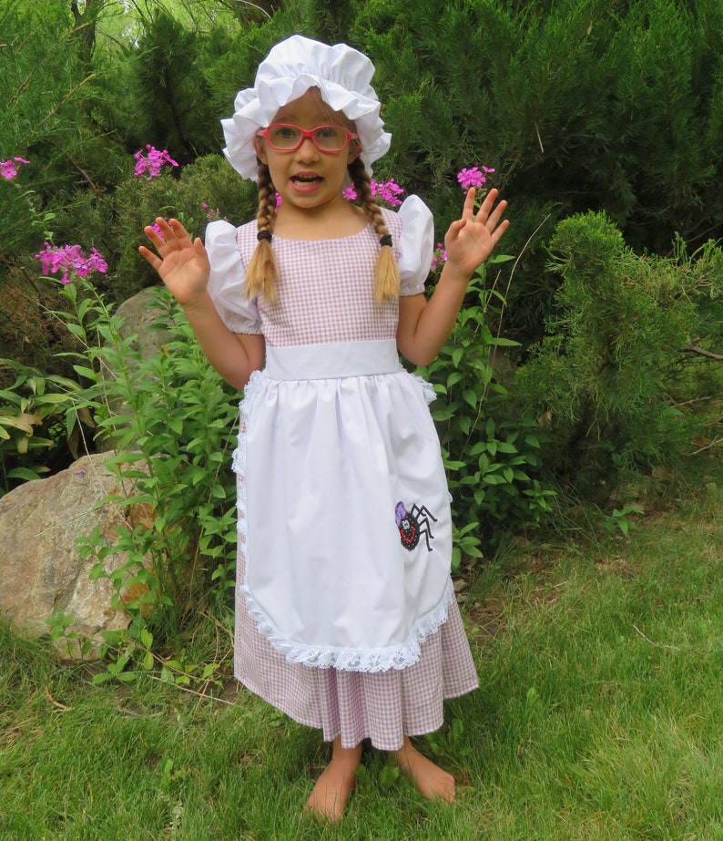 Little Miss Muffett dress and mop cap, Girls costume NEW Fairy tale, nursery rhyme, curds & whey, gingham check, purple, spider, story book, image 9