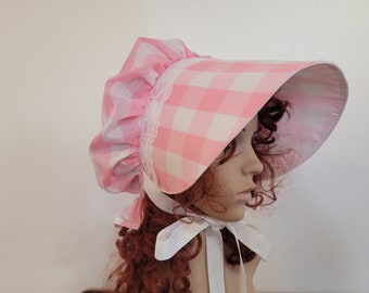 Women's Pioneer Trek Bonnet, Prairie, Victorian Civil War Bonnet Sunbonnet Primitive. Pink and White Gingham Check, Poke Bonnet, Historical