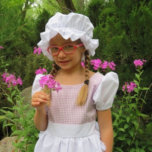 Little Miss Muffett dress and mop cap, Girls costume NEW Fairy tale, nursery rhyme, curds & whey, gingham check, purple, spider, story book, image 2