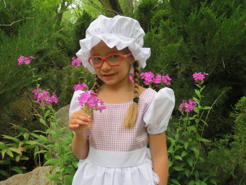 Little Miss Muffett dress and mop cap, Girls costume NEW Fairy tale, nursery rhyme, curds & whey, gingham check, purple, spider, story book, image 2
