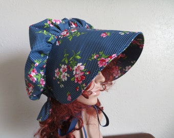 Womens Teens Pioneer Trek Bonnet, Prairie, Victorian, Civil War, Sunbonnet, Primitive, historical, hat, Poke bonnet, blue polka dot & Floral