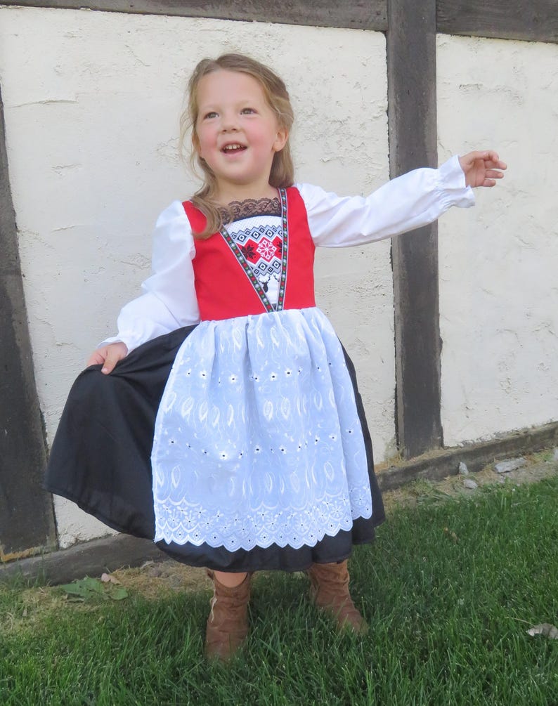 Norwegian, Bunad Inspired, Girls Costume, Scandinavian, Norway, Hardanger, Nordic International Folk Costume Dress, Girls size 2 thru 8. New image 2