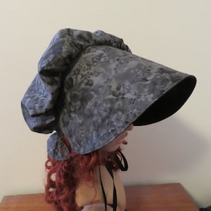 Women's Pioneer Prairie Trek Victorian Civil War Mourning Bonnet Sunbonnet Primitive, reenactment historical, black & gray floral, gardening image 1