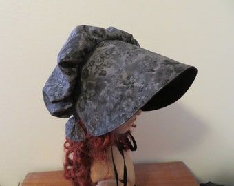 Women's Pioneer Prairie Trek Victorian Civil War Mourning Bonnet Sunbonnet Primitive, reenactment historical, black & gray floral, gardening