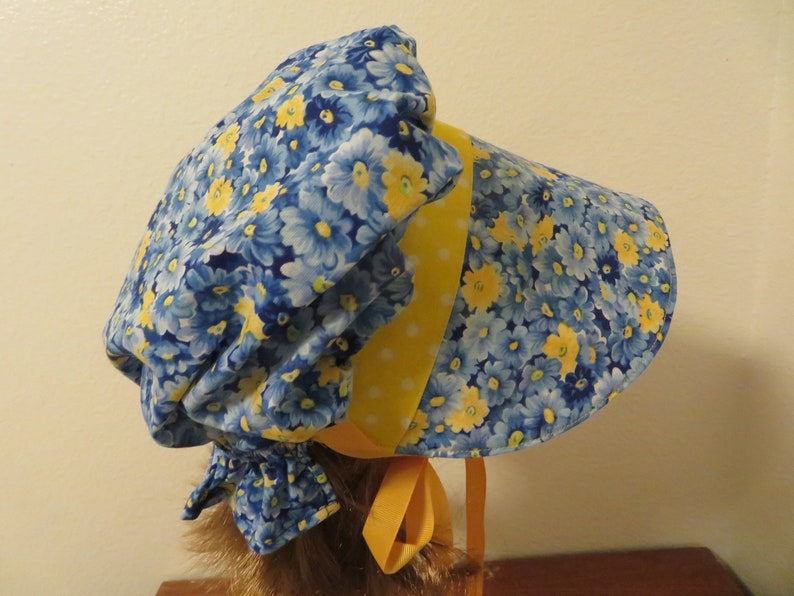 Ladie or teens Pioneer Sunbonnet, Prairie, Victorian, Civil War Bonnet, Primitive, Blue and yellow floral, polka dots, poke bonnet, new image 5