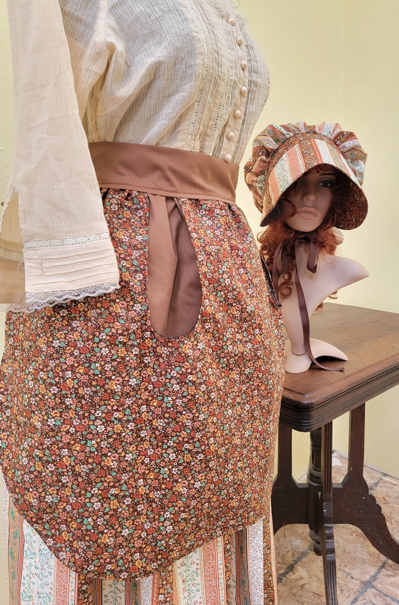 Women's / Teens 3 piece pioneer set, apron, skirt, bonnet, prairie outfit, pioneer trek clothing, wagon train reenactment, 1800's, Browns image 5