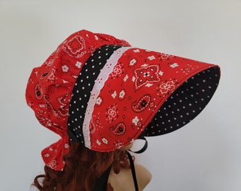 Ladies Pioneer Prairie Victorian Civil War Bonnet Sunbonnet Primitive, trek, historical, hat, reenactment, 1800's, Red bandana, polka dot