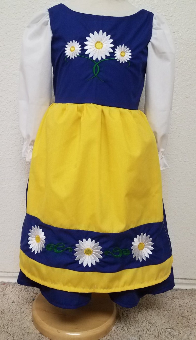 Cute Swedish National Girls Costume Scandinavian Sweden International Folk Costume Dress, blue, yellow daisies, dress-up, traditional, new image 3