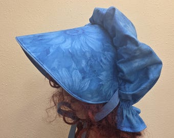 Pioneer bonnet, Trek Bonnet, Prairie, Victorian, Civil War, Sunbonnet, Primitive. Blue floral hat, teal, reenactment, women, teen