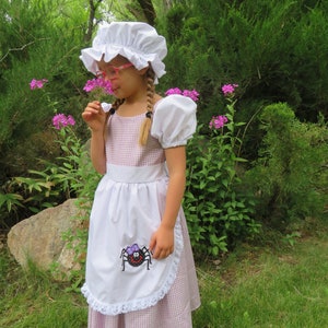 Little Miss Muffett dress and mop cap, Girls costume NEW Fairy tale, nursery rhyme, curds & whey, gingham check, purple, spider, story book, image 1