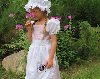 Little Miss Muffett dress and mop cap, Girls costume NEW Fairy tale, nursery rhyme, curds & whey, gingham check, purple, spider, story book,