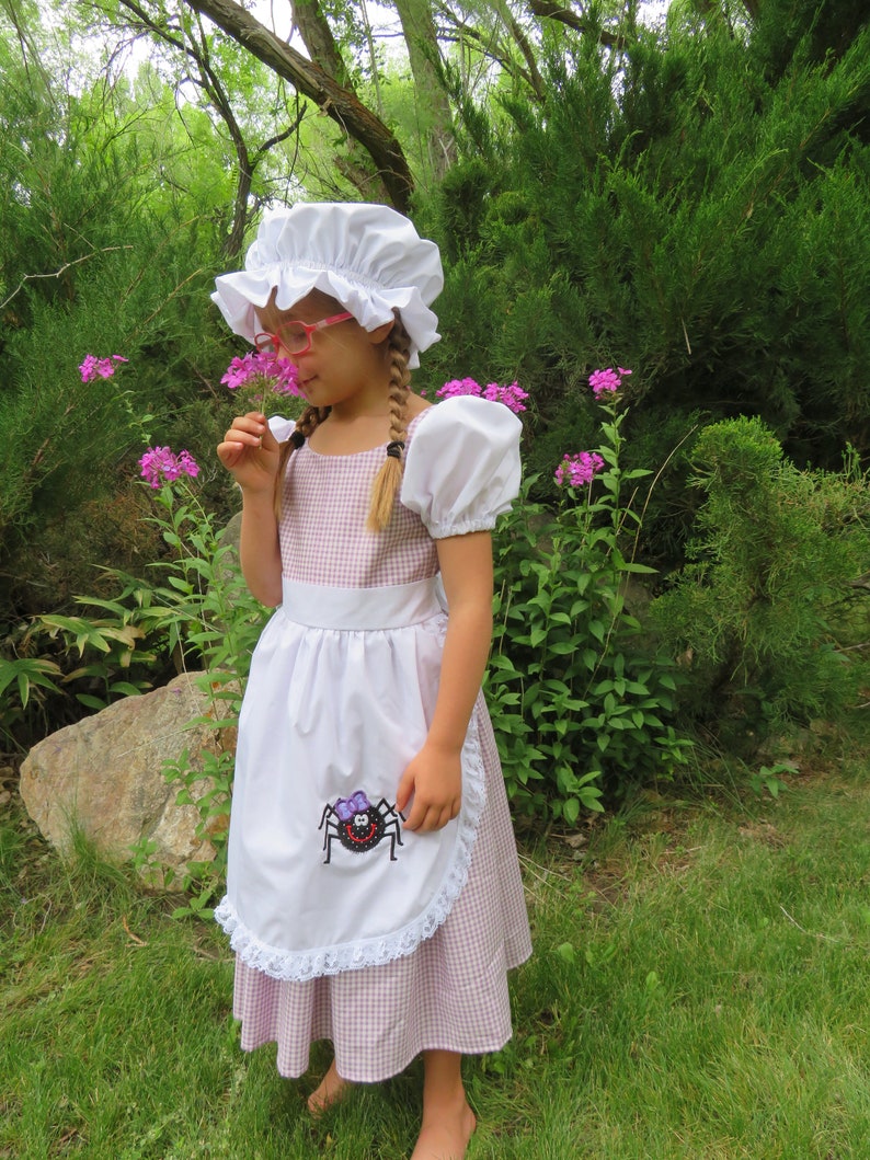 Little Miss Muffett dress and mop cap, Girls costume NEW Fairy tale, nursery rhyme, curds & whey, gingham check, purple, spider, story book, image 1