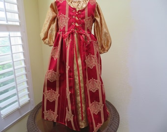 Girls Renaissance Medieval Princess two piece costume gown, Red and Gold, Overdress, Chemise, Royal, Queen, Lady in waiting, dress, dress up