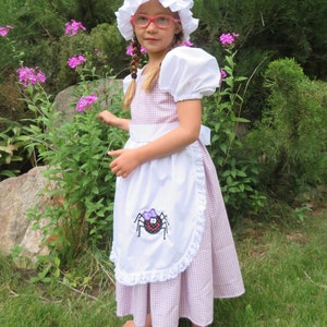 Little Miss Muffett dress and mop cap, Girls costume NEW Fairy tale, nursery rhyme, curds & whey, gingham check, purple, spider, story book, image 5