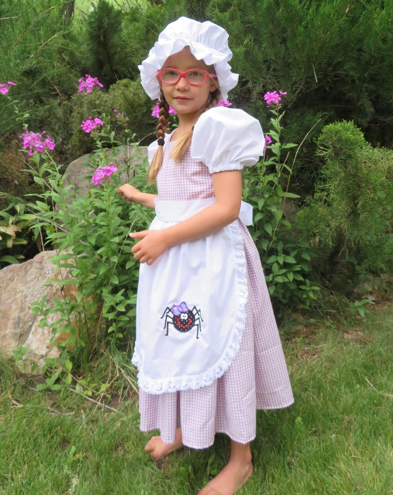Little Miss Muffett dress and mop cap, Girls costume NEW Fairy tale, nursery rhyme, curds & whey, gingham check, purple, spider, story book, image 5