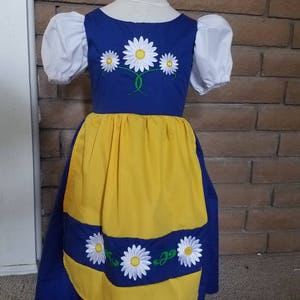 Cute Swedish National Girls Costume Scandinavian Sweden International Folk Costume Dress, blue, yellow daisies, dress-up, traditional, new image 5