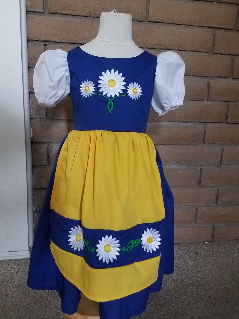 Cute Swedish National Girls Costume Scandinavian Sweden International Folk Costume Dress, blue, yellow daisies, dress-up, traditional, new image 5