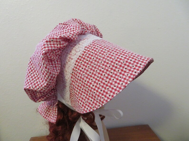 Ladies Pioneer Trek Prairie Victorian Civil War Bonnet Sunbonnet Primitive historical hat, reenactment lace trimmed red floral gingham check image 7