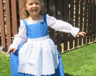 Belle's Blue Provincial Town Costume Dress. Dirndl, French Traditional Costume, blue dress with eyelet apron, handmade, new, sizes 2 thru 8