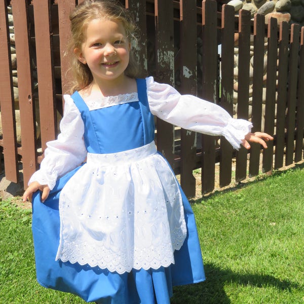 Belle's Blue Provincial Town Costume Dress. Dirndl, French Traditional Costume, blue dress with eyelet apron, handmade, new, sizes 2 thru 8