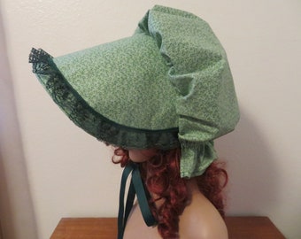 Women's Pioneer Bonnet, Prairie, Victorian, Civil War, Sunbonnet, Primitive. Lace Trimmed Green floral print, Vintage fabric, Trek Bonnet